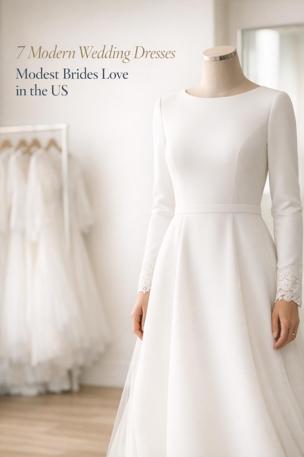 Modern bridal salon photo of wedding dresses modest style: sleek A-line gown with high neckline and long sleeves on mannequin