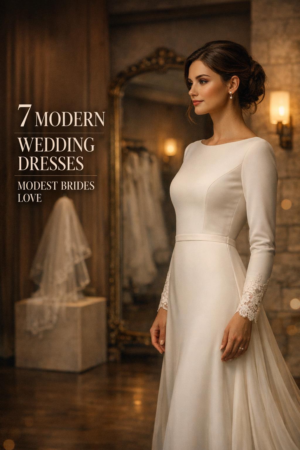 Wedding dresses modest editorial photo of a bride in a modern modest gown in an upscale bridal salon with moody lighting