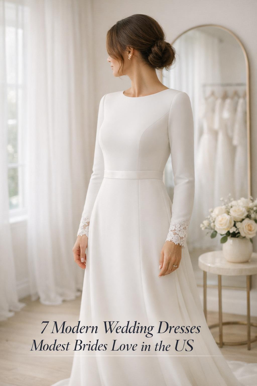Wedding dresses modest bride in a bright modern bridal salon wearing a long-sleeve high-neck ivory gown