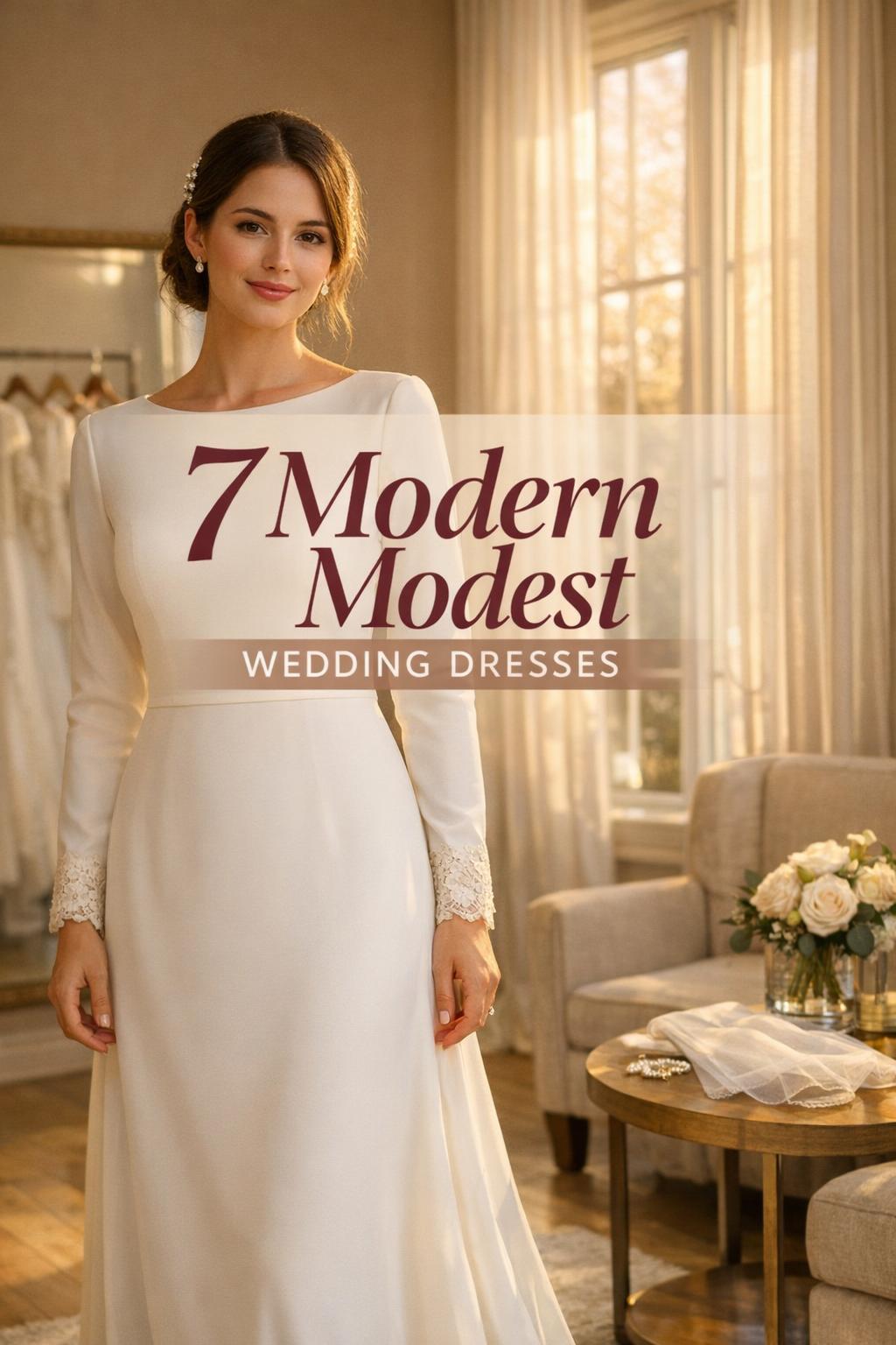 Bride in upscale salon wearing wedding dresses modest with long sleeves and bateau neckline, golden-hour light