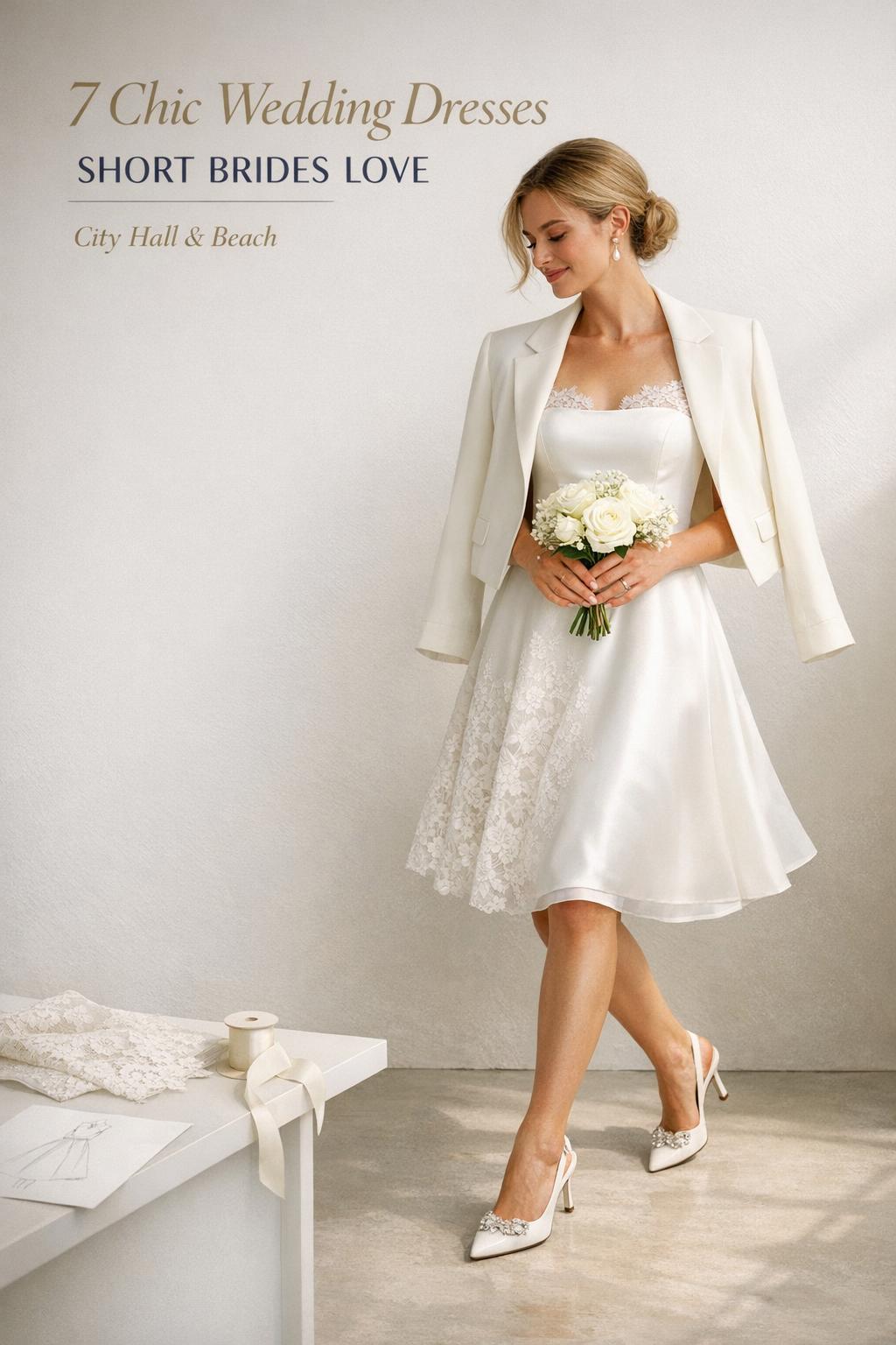 Bride in minimalist studio wearing chic tea-length wedding dresses short style with statement heels and bouquet
