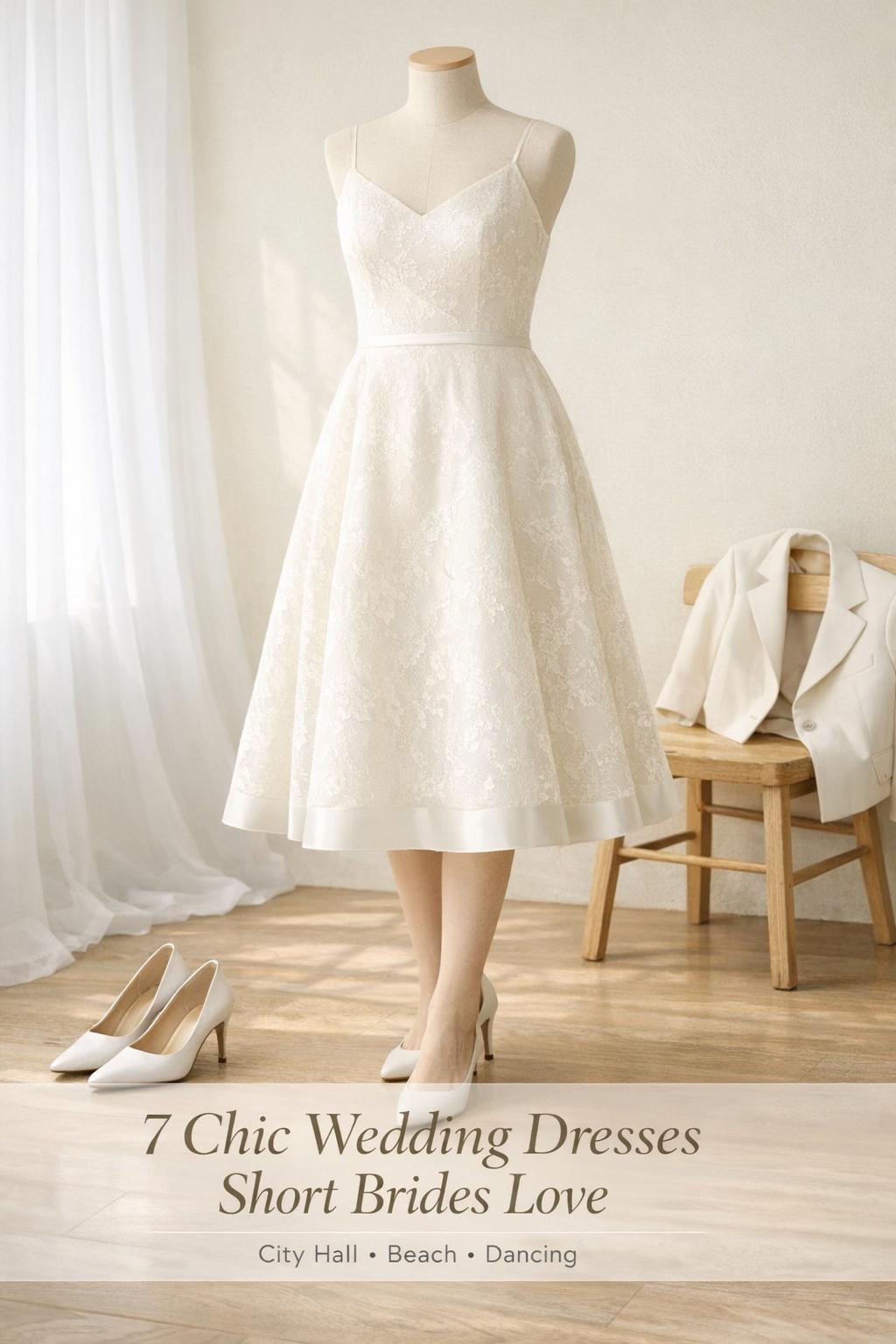 Wedding dresses short editorial photo of a modern tea-length bridal dress on a mannequin in a bright minimal studio corner