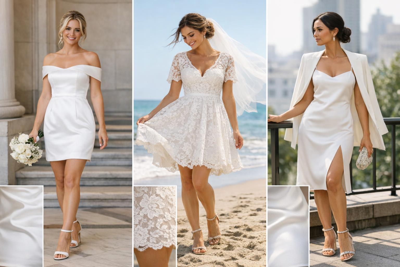 Wedding dresses short for city hall and beach, featuring mini, knee-length, and tea-length bridal styles