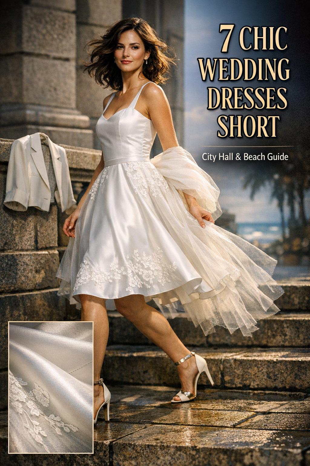 Modern bride in city hall courtyard wearing wedding dresses short style, mid-stride with satin lace detail and statement heels