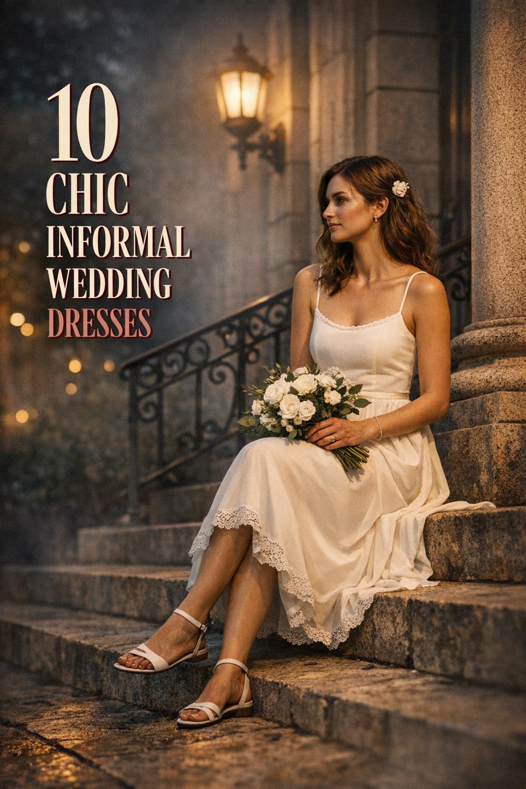 Bride in chic informal wedding dresses on city hall steps at dusk with bouquet and cinematic side lighting