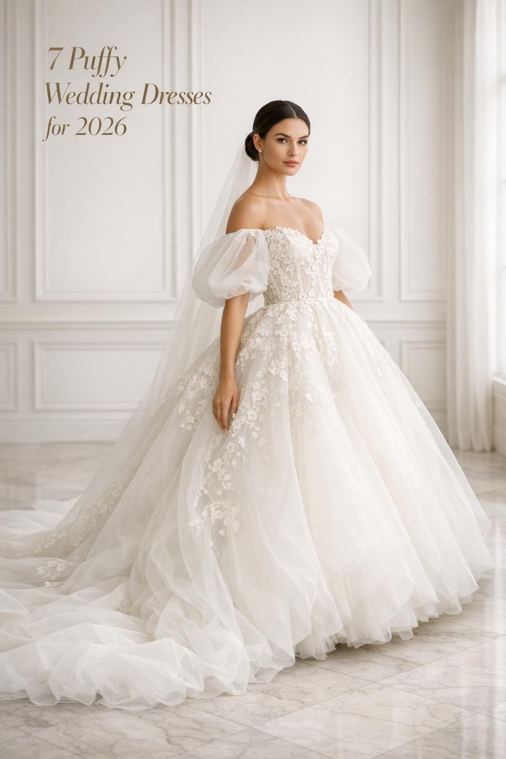 2026 bride in a modern ballroom wearing puffy wedding dresses with structured bodice, cloud skirt, and cathedral train