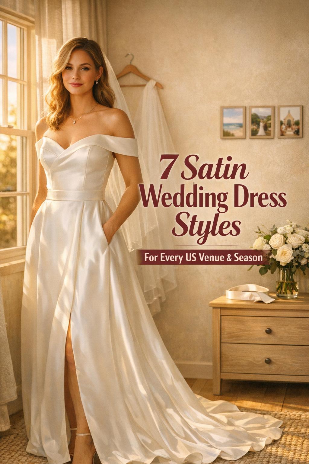 Modern bride in golden-hour bridal suite wearing satin wedding dresses style, with centered text overlay and neutral bouquet