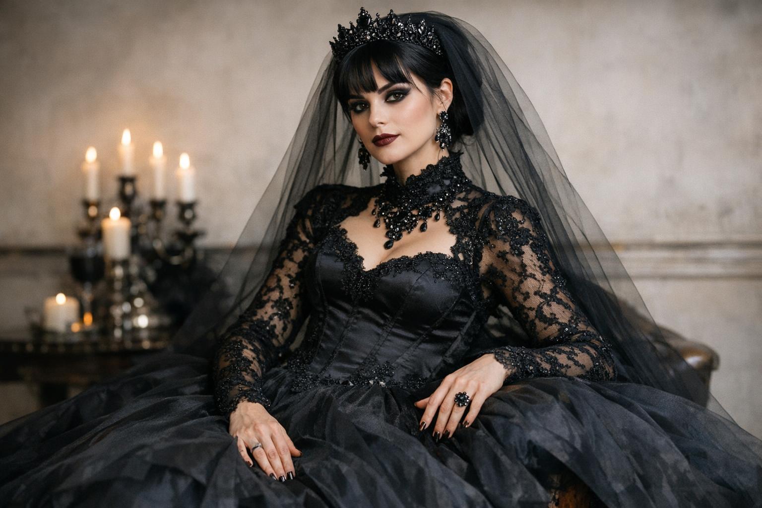 Bride in black lace gothic bridal gown with long sleeves and dramatic train, elegant goth wedding dresses inspiration