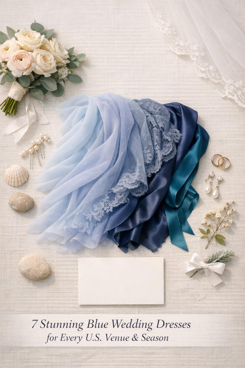 Blue wedding dresses flat lay with airy bridal fabrics, bouquet, pearls and invitations in soft window light