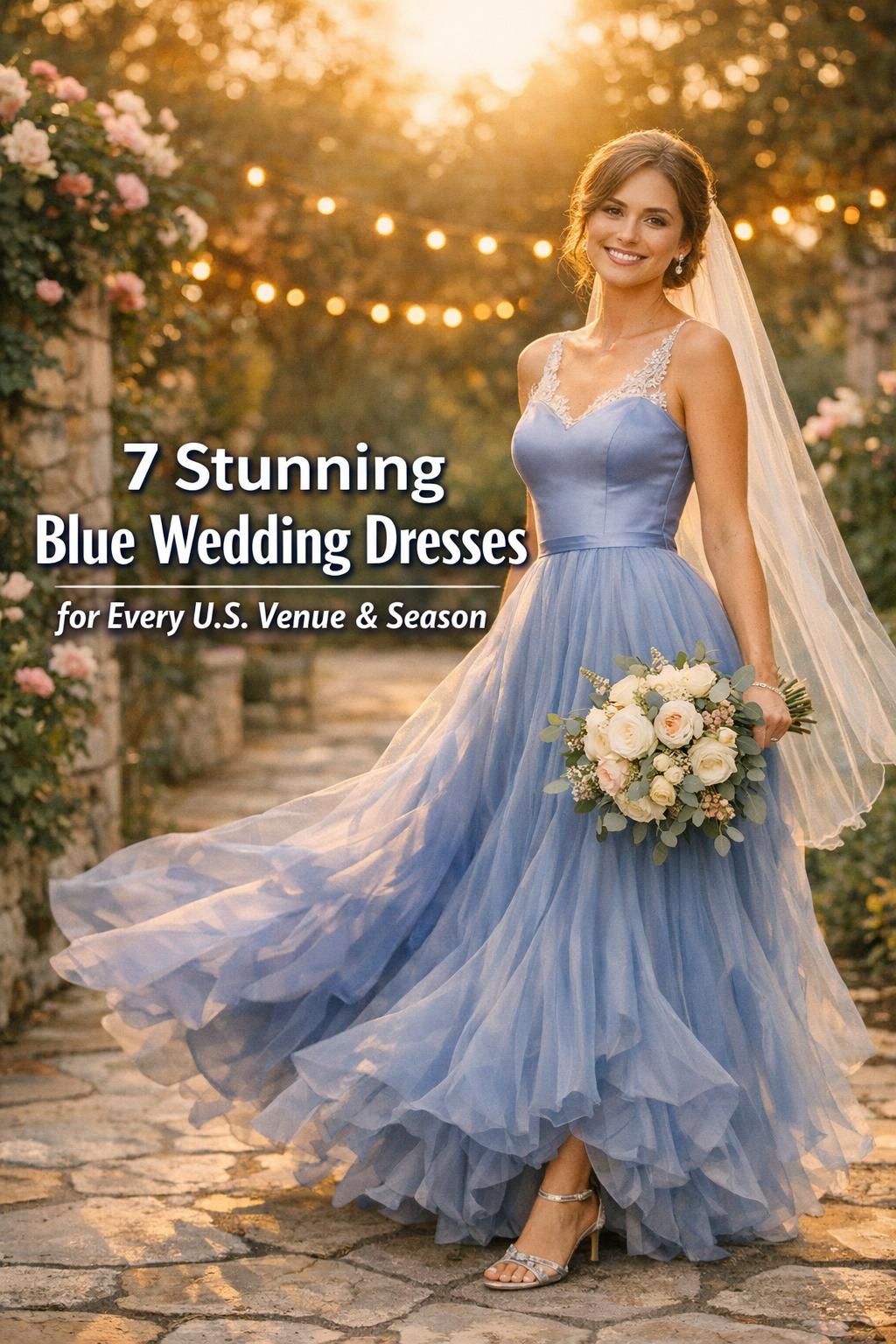 Bride in a blue wedding dress in a romantic garden venue at golden hour with bouquet and veil, text overlay included