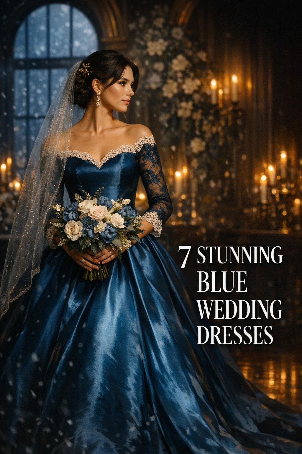 Modern bride in a blue wedding dress in a candlelit winter ballroom with snowfall outside and bold text overlay