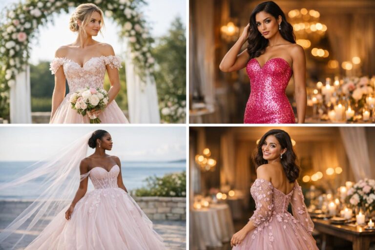 Bride in a blush pink wedding dress with lace bodice and tulle skirt, photographed in soft natural light