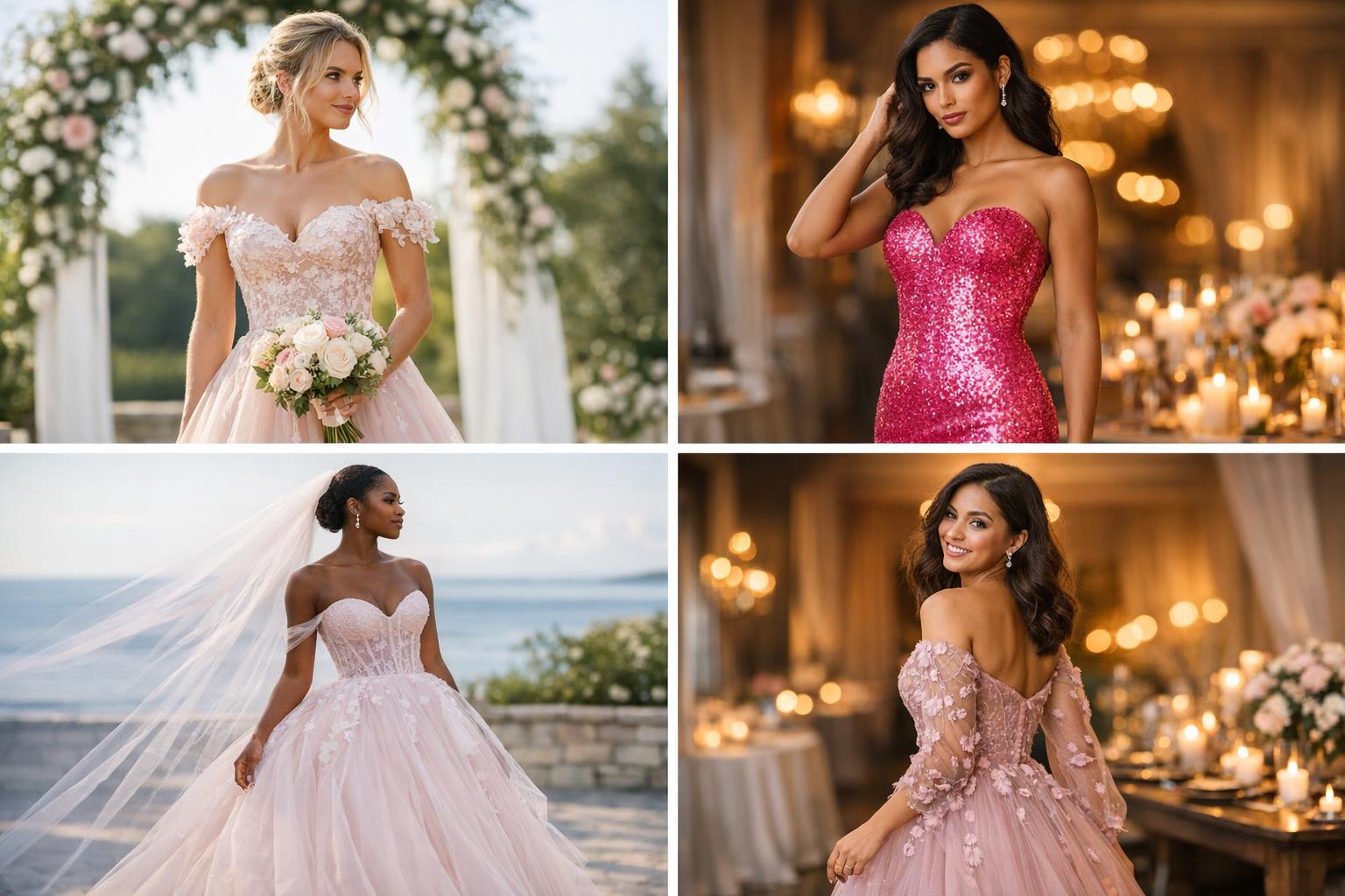 Bride in a blush pink wedding dress with lace bodice and tulle skirt, photographed in soft natural light