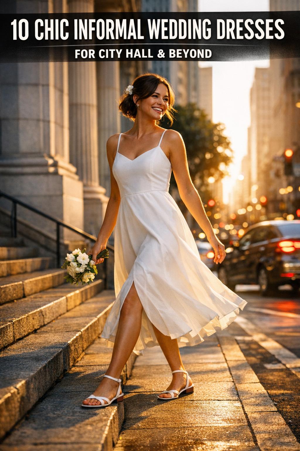 Bride in informal wedding dress outdoors, smiling in a natural, candid moment