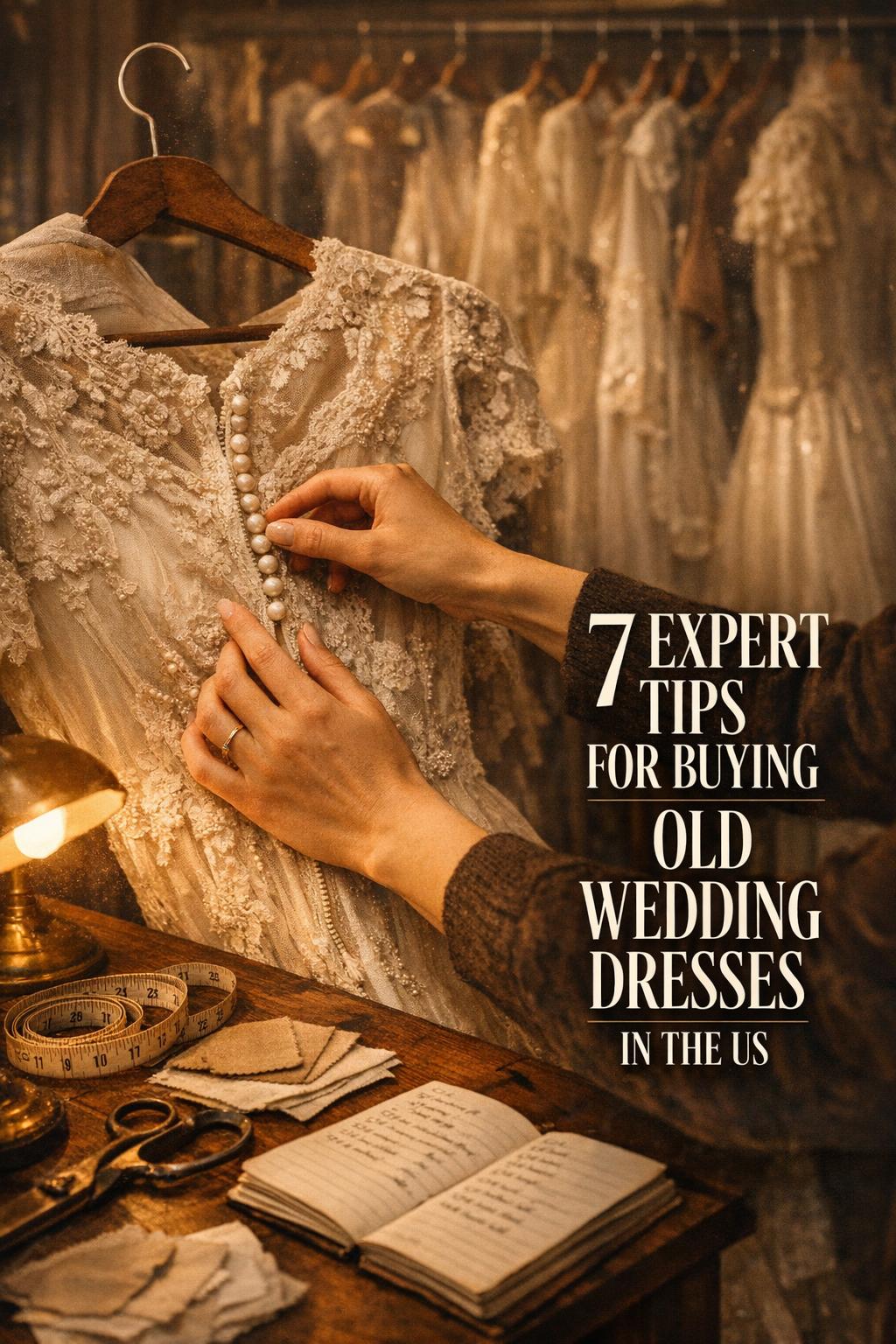 Bride-to-be inspecting aged lace and pearl buttons on old wedding dresses in an antique bridal boutique at dusk