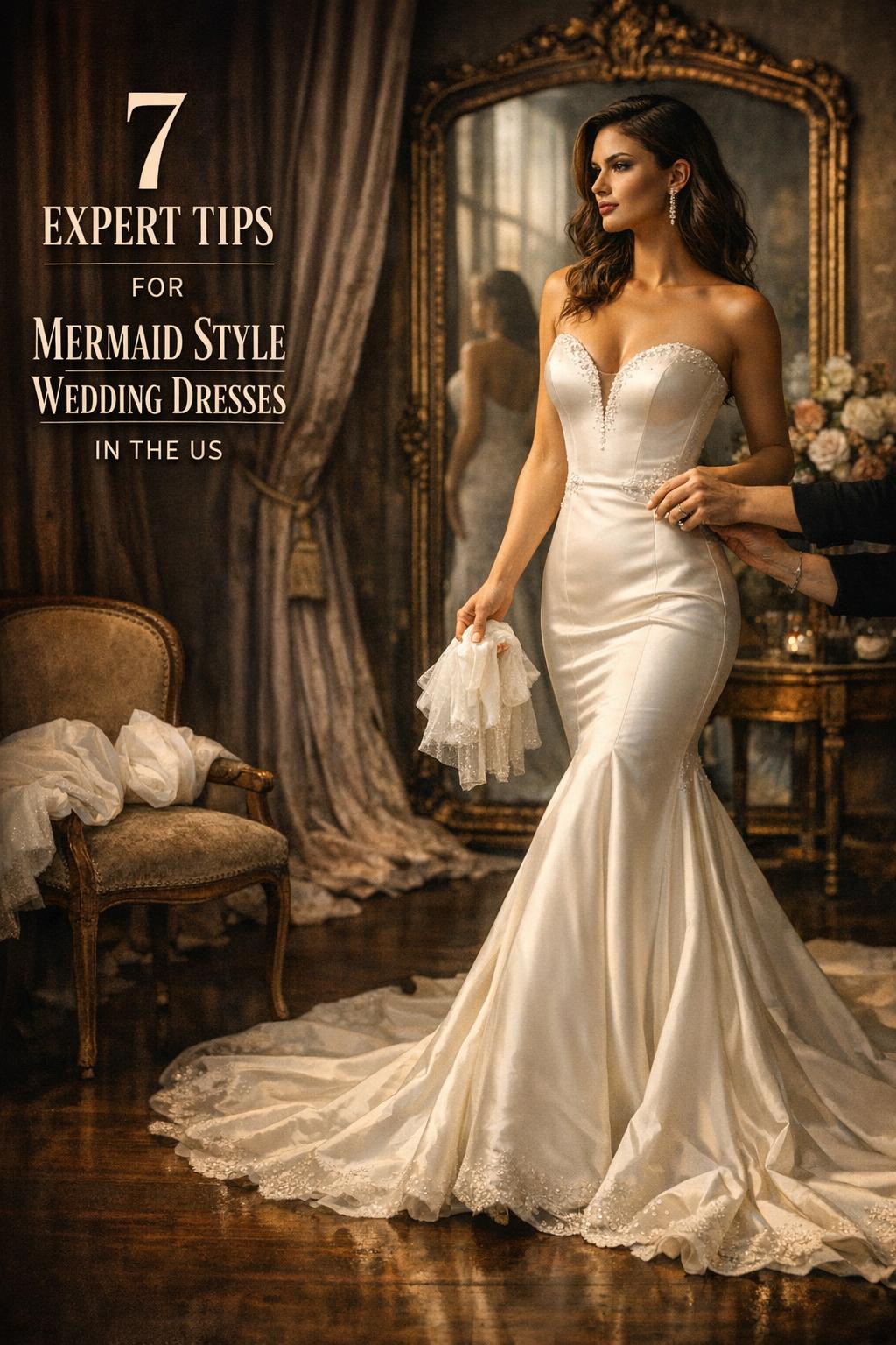 Bride in bridal boutique mirror wearing mermaid style wedding dresses with detachable sleeves, moody editorial light and stylist pinning hem.