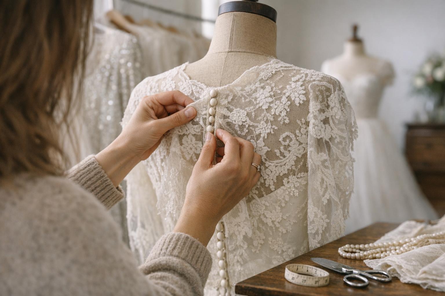 Bride browsing old wedding dresses on a vintage rack in a US boutique, examining lace details in natural light