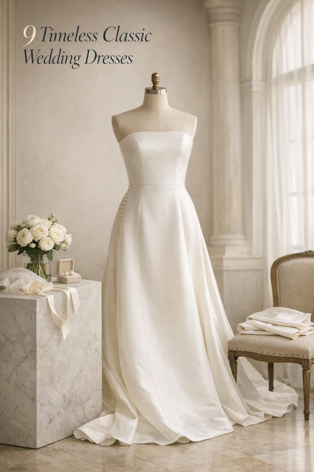 Classic wedding dresses displayed on a couture mannequin in a minimalist bridal atelier with soft daylight and pearls