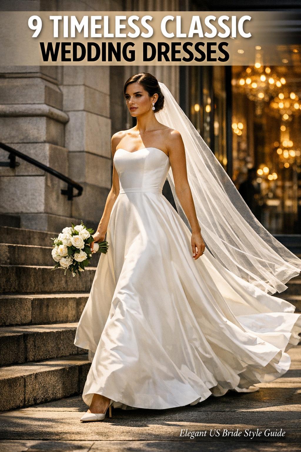 Classic wedding dresses displayed on a boutique rack in soft natural light, showcasing timeless bridal elegance.