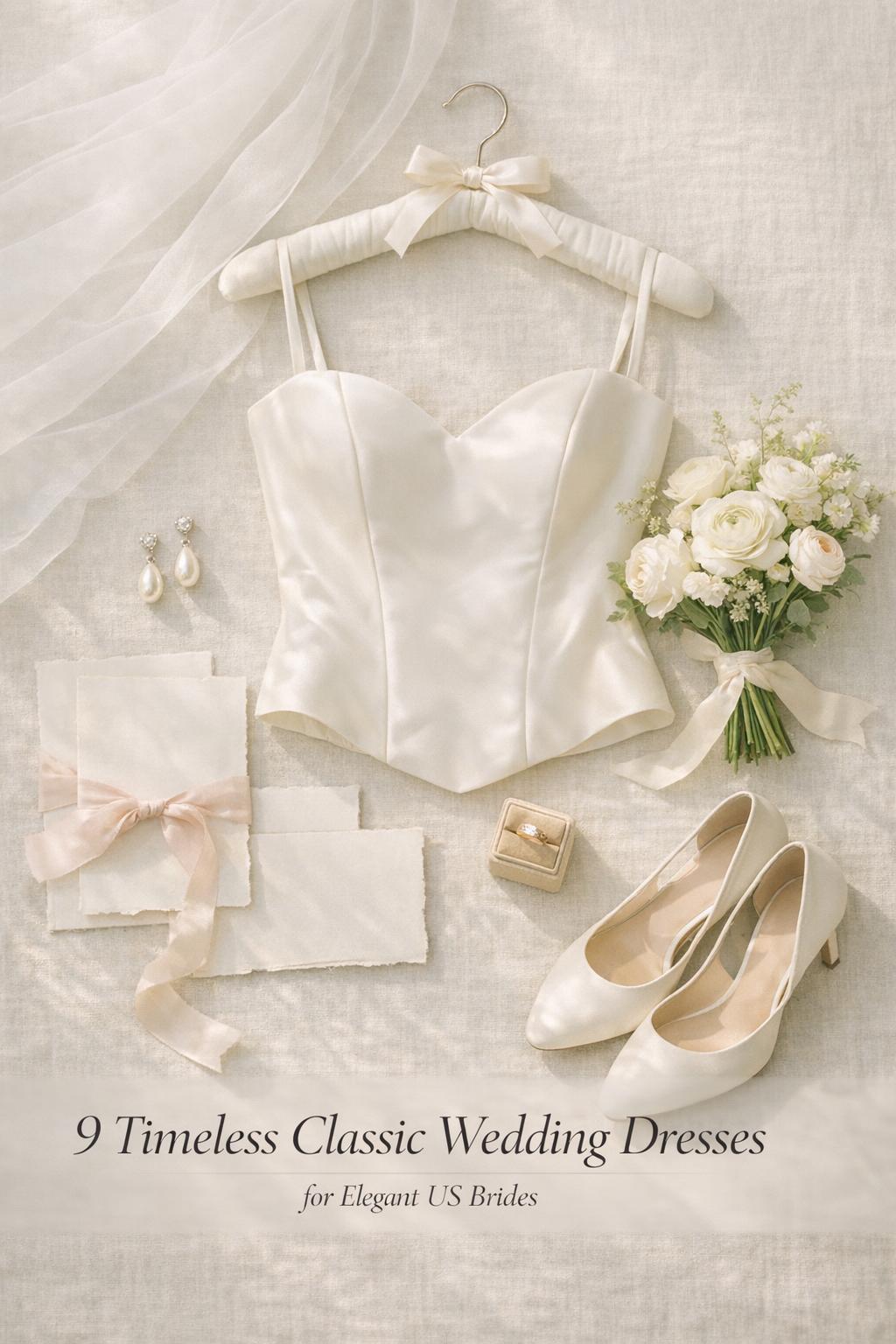 Flat-lay of ivory satin bridal bodice and accessories for classic wedding dresses, with veil, pearls, bouquet, and invitations