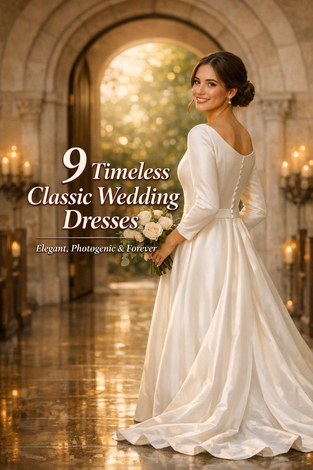 Bride in a satin A-line gown in a warm church aisle setting, featuring timeless classic wedding dresses styling