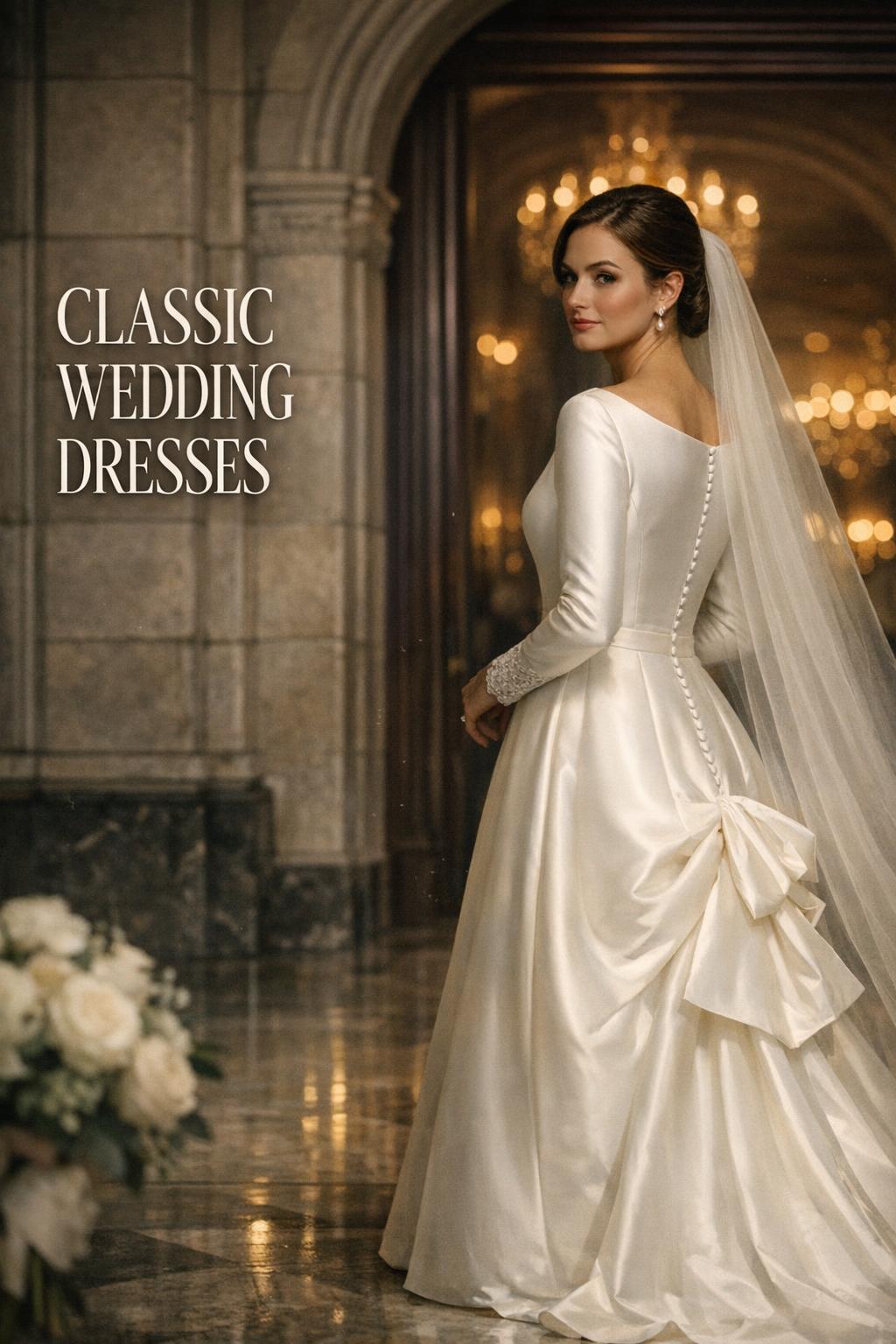 Classic wedding dresses bridal portrait in cathedral foyer with cinematic side light, satin A-line gown, veil, and chandeliers