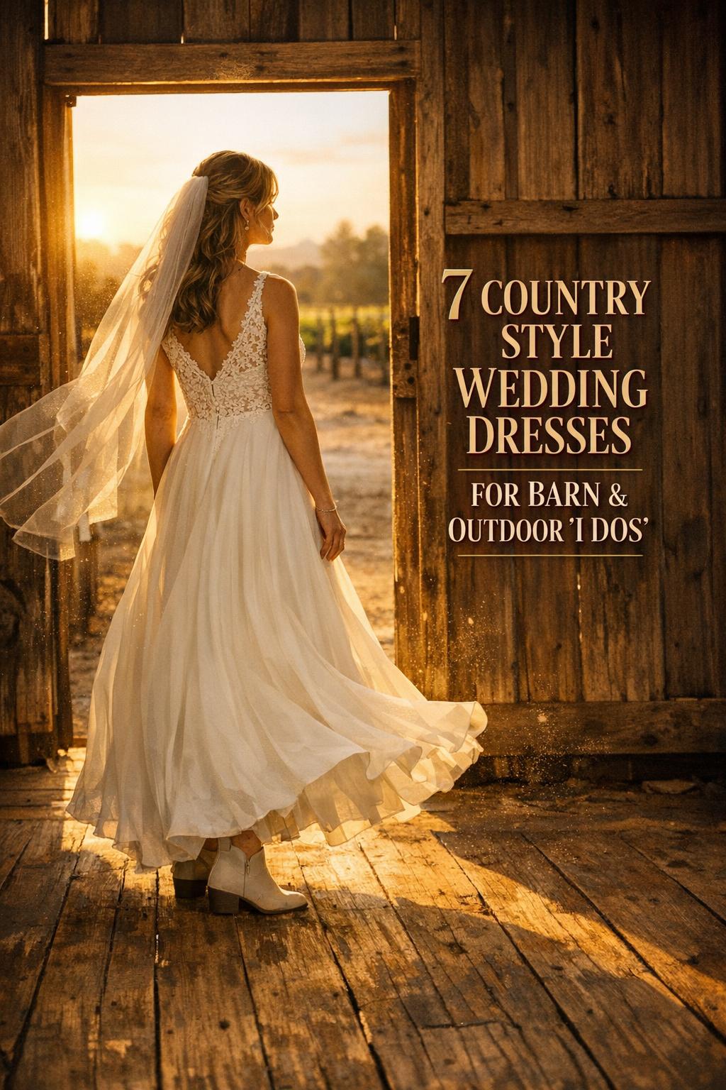 Bride in rustic barn doorway at golden hour wearing country style wedding dresses with lace bodice and flowing skirt