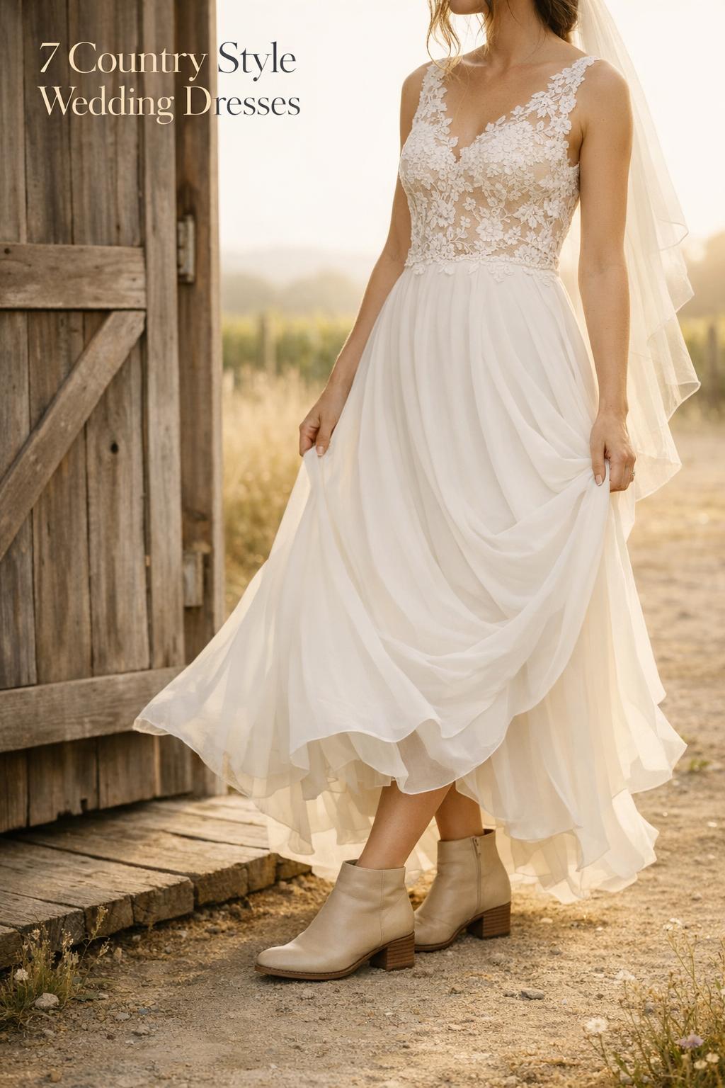 Bride in warm ivory lace gown at rustic barn at sunset, showcasing country style wedding dresses and practical boots