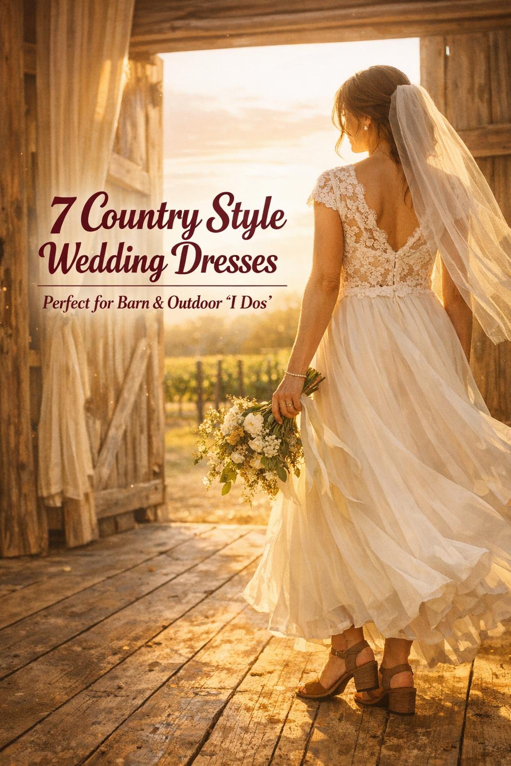 Country style wedding dresses on bride in warm ivory lace gown at golden-hour barn wedding with vineyard backdrop
