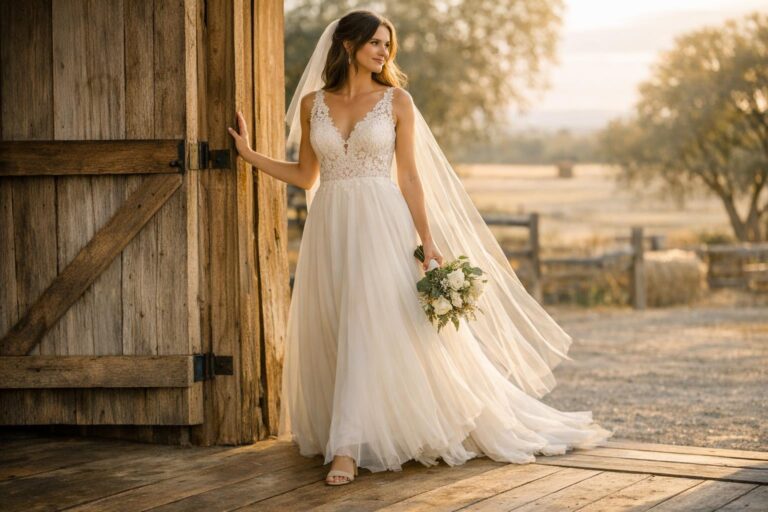 Bride in a lace A-line gown outdoors, showing country style wedding dresses for barn and rustic ceremonies