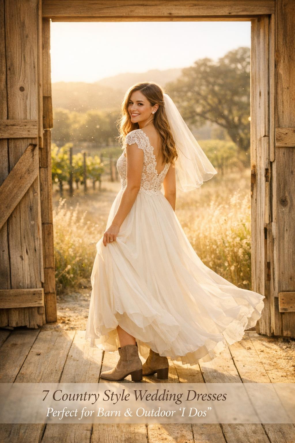 Country style wedding dresses bride in rustic barn doorway with golden-hour light and vineyard field backdrop
