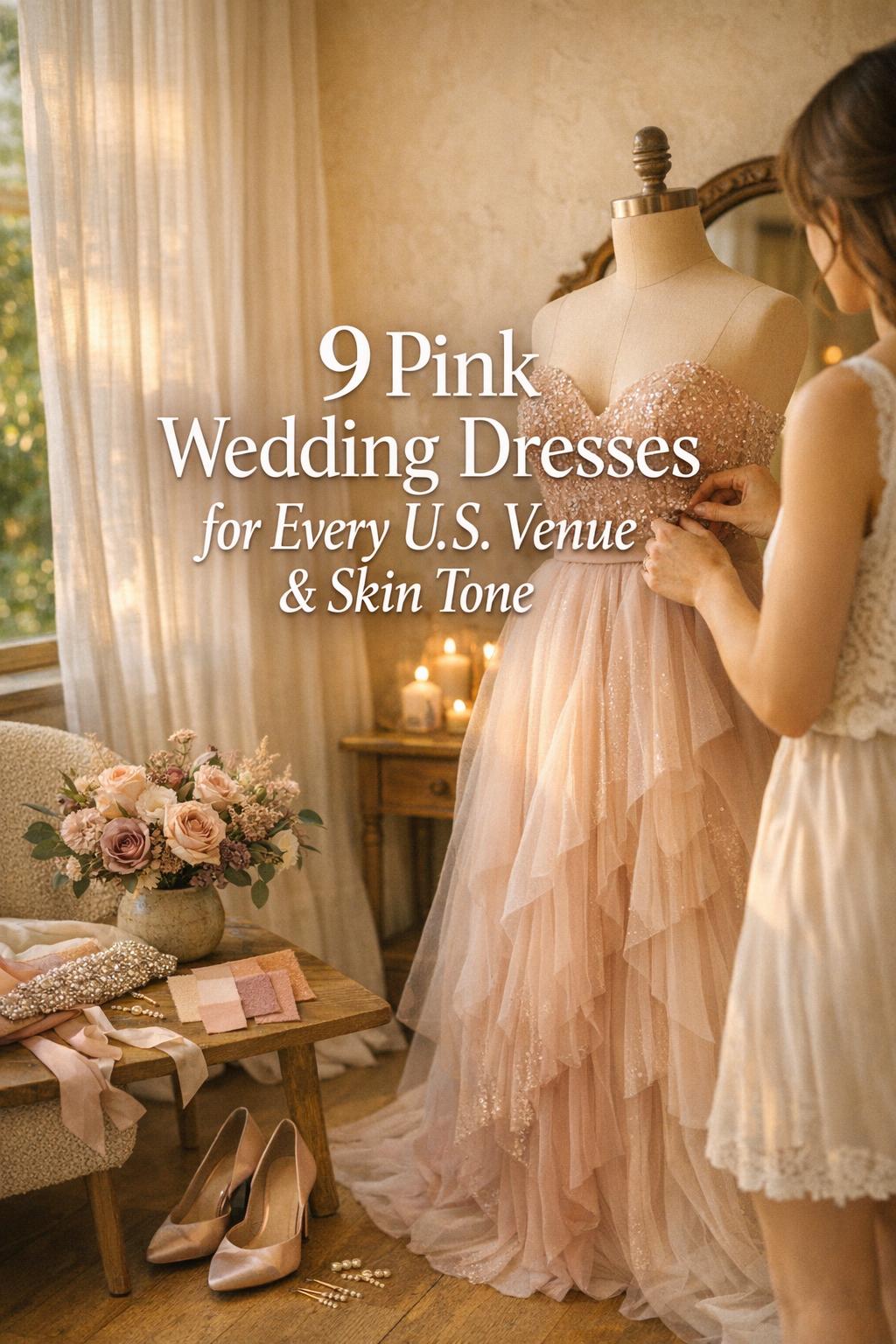 Cozy bridal suite styling with pink wedding dresses on mannequin in warm golden-hour light, mirror, bouquet, and accessories