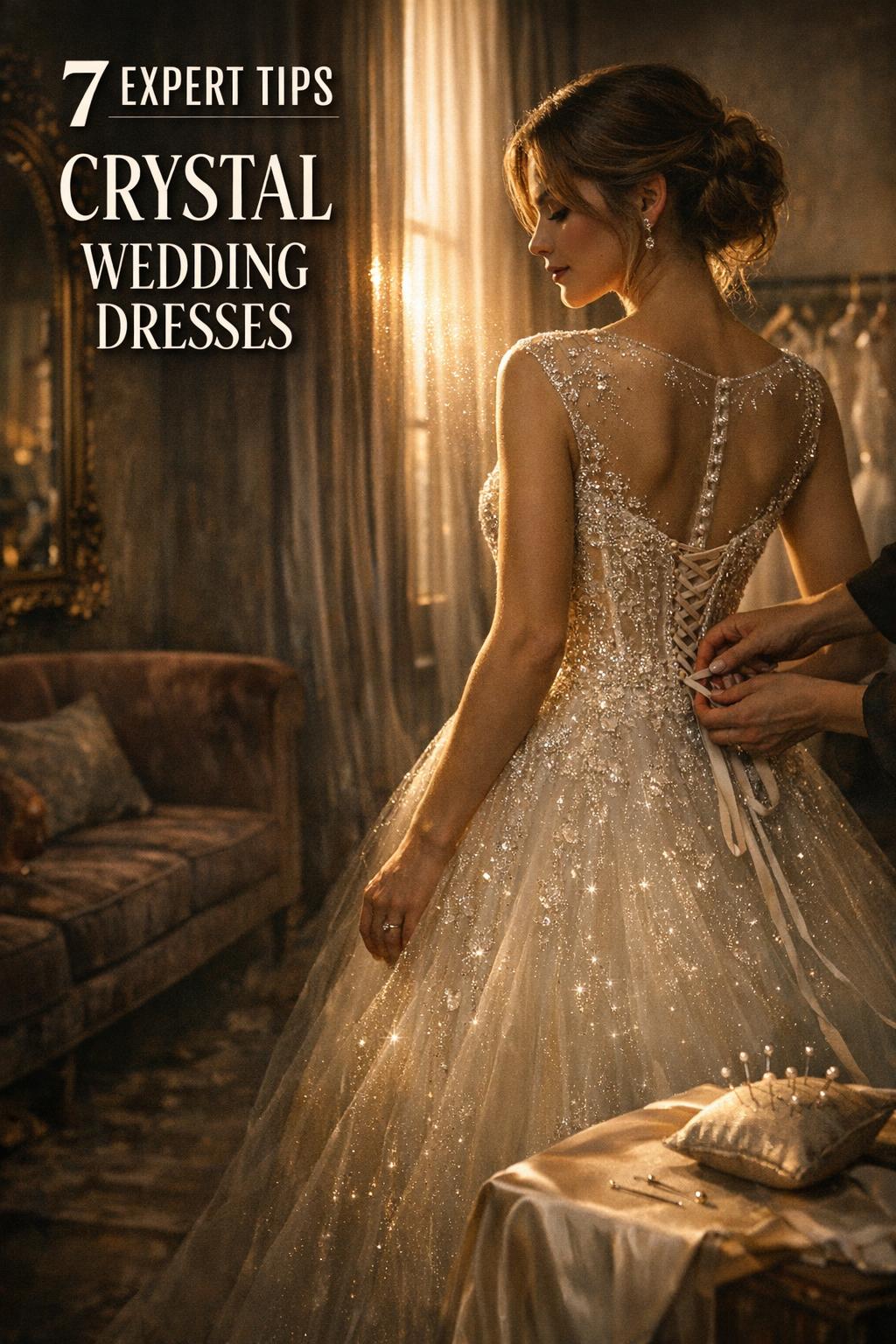 Bride in luxury salon wearing crystal wedding dresses, golden-hour window light sparkling on beaded corset and tulle skirt