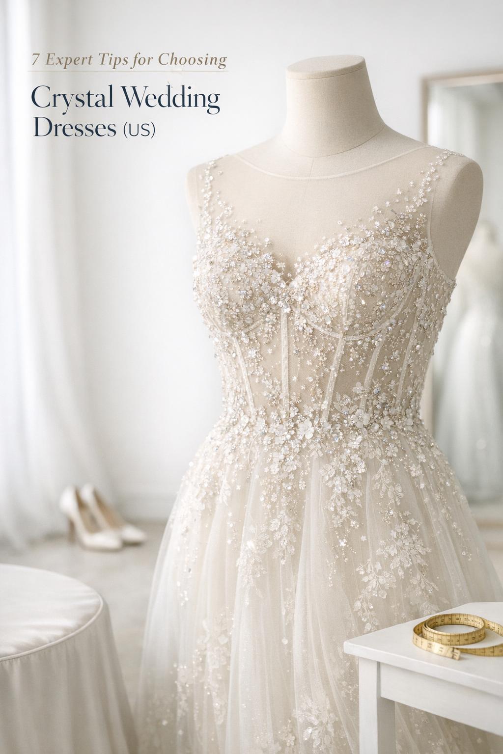 Crystal wedding dresses on an ivory mannequin in a minimalist bridal salon, featuring couture crystal embroidery and tulle skirt