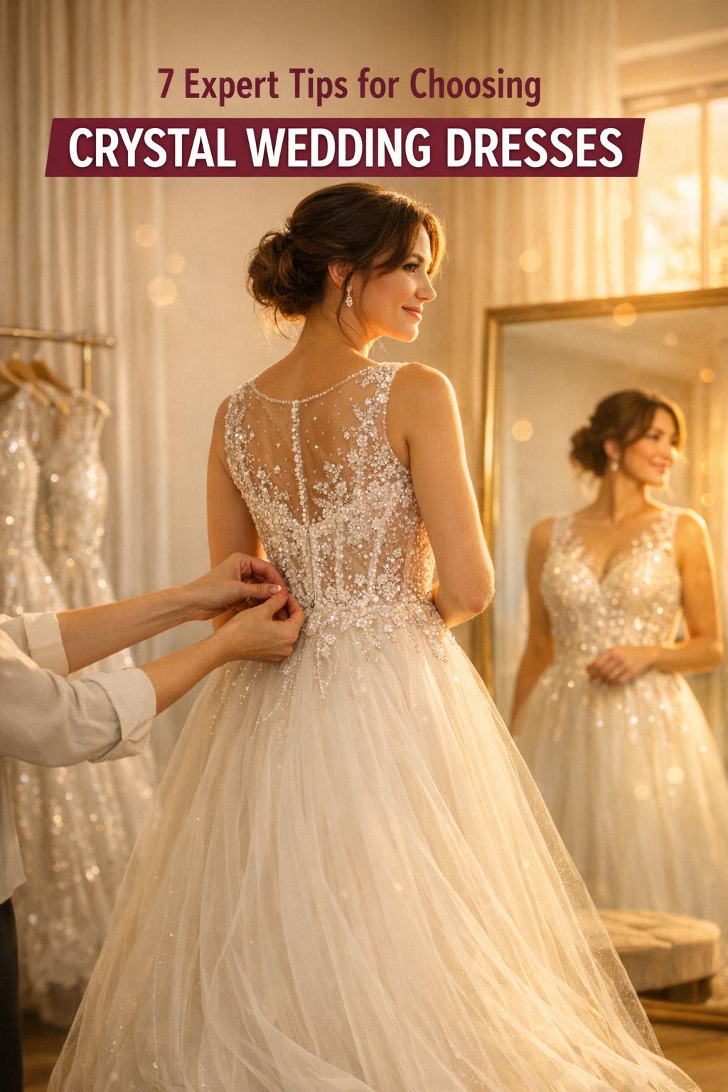 Bride in a bridal salon fitting crystal wedding dresses in warm golden-hour light with stylist pinning the beaded bodice