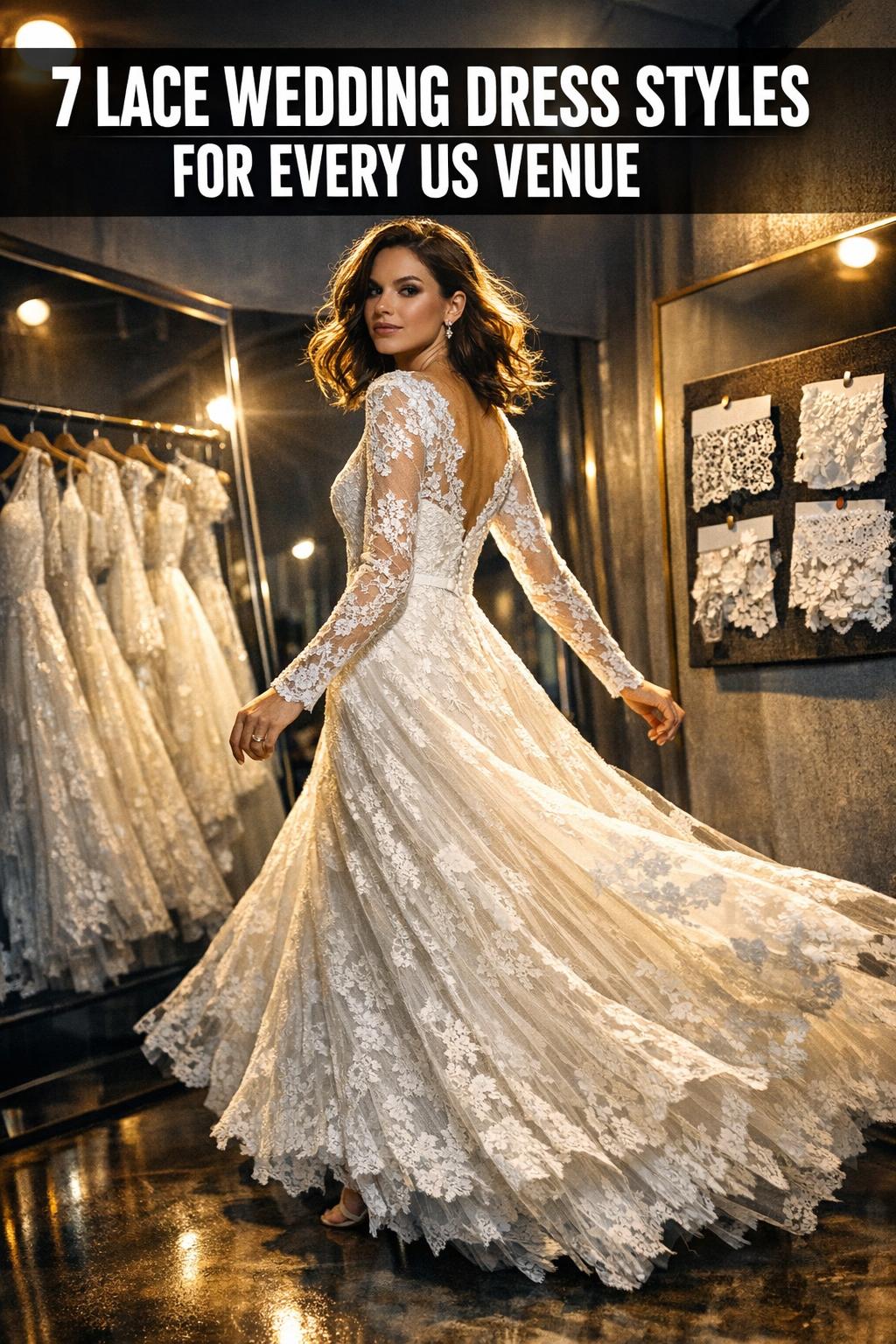 Bride in lace wedding dresses with delicate floral lace detail, photographed in soft natural light