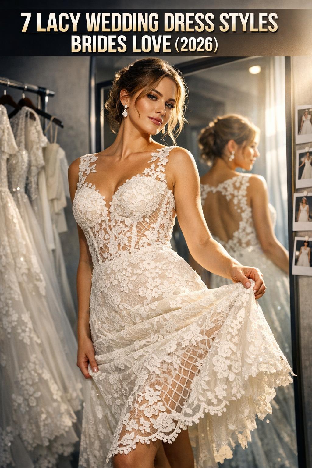 Elegant bride in lacy wedding dresses with delicate lace details and soft natural light