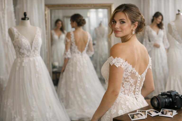 Bride in a lace long-sleeve gown with illusion neckline, showcasing elegant lacy wedding dresses style for 2026