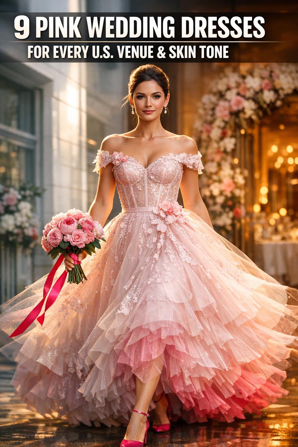 Bride in elegant pink wedding dresses posing in soft natural light, showcasing romantic details and a flowing gown