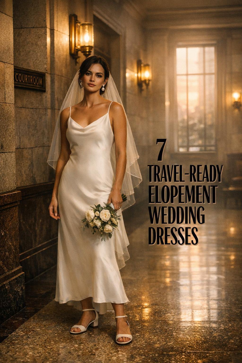 Elopement wedding dresses: bride in ivory bias-cut slip gown in courthouse corridor at sunrise with veil and bouquet