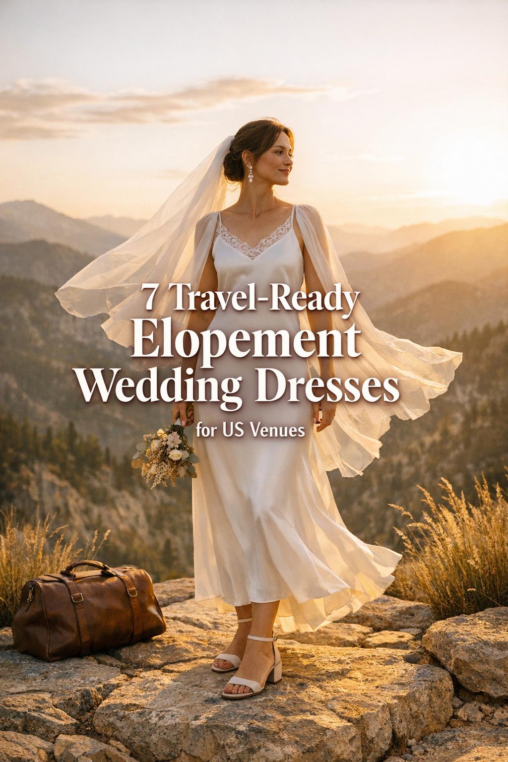 Elopement wedding dresses cover image with bride on golden-hour mountain overlook holding dried bouquet and travel bag