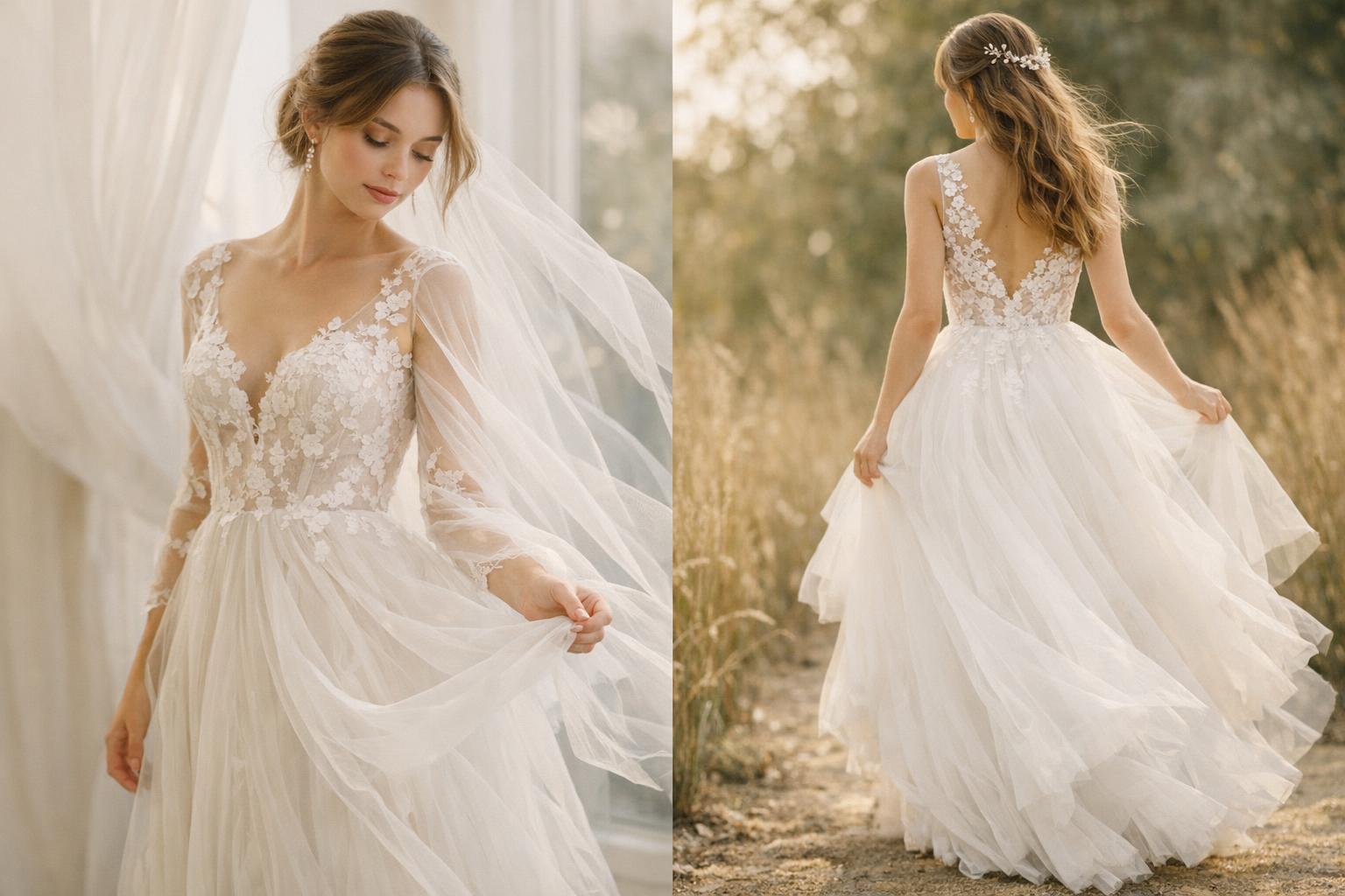 Bride in an ethereal wedding dress with airy tulle layers and delicate lace, glowing in soft natural light