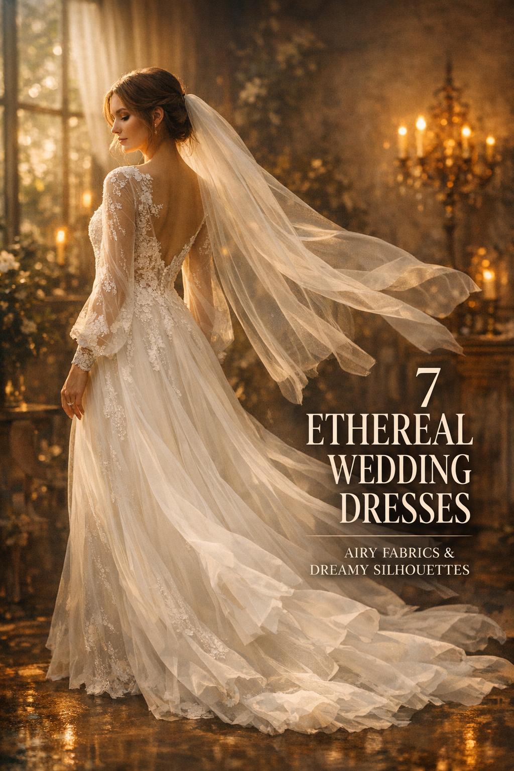 Ethereal wedding dresses bridal editorial in moody golden-hour atelier, bride in luminous tulle gown with veil and text overlay