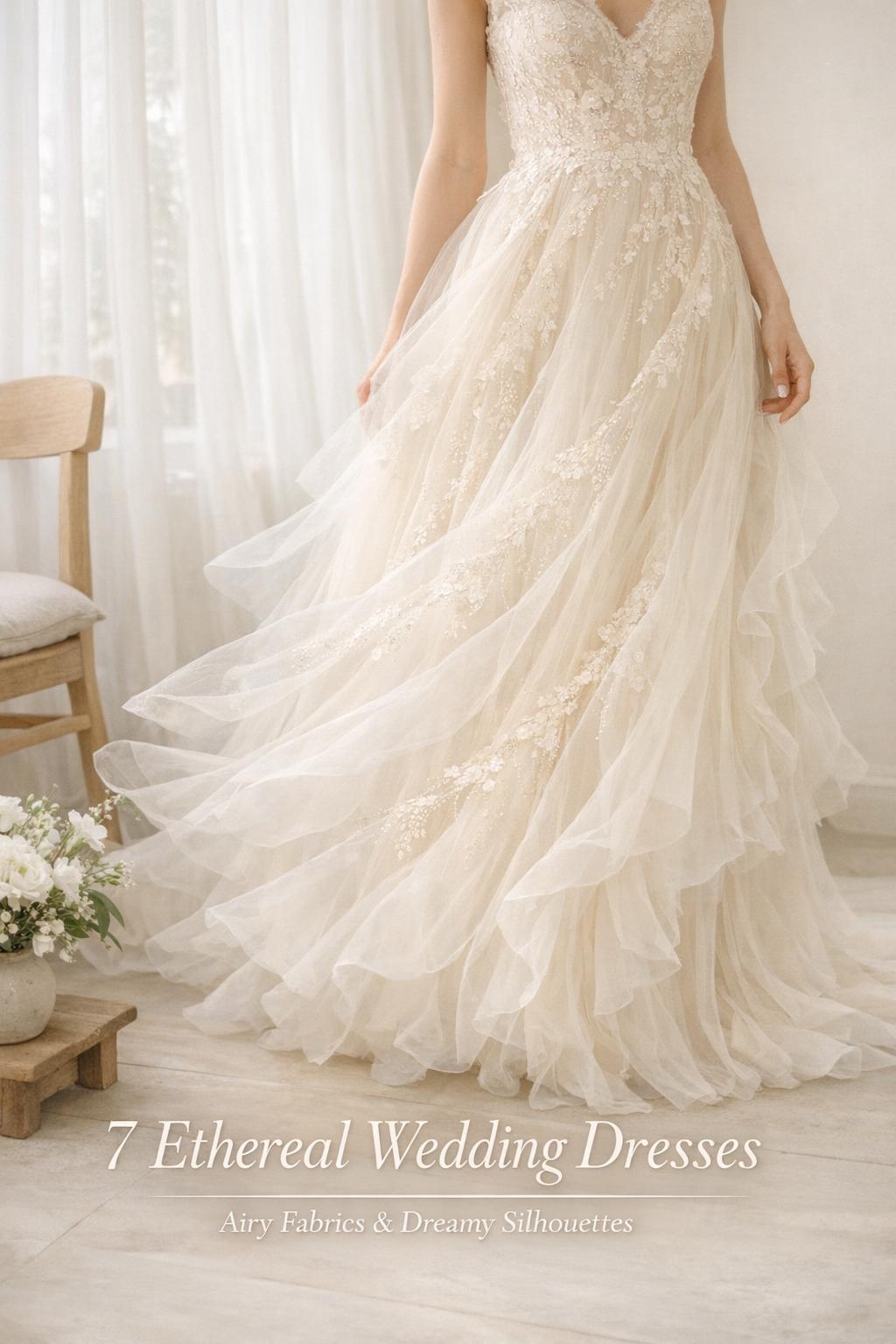 Ethereal wedding dresses bridal editorial by a window with airy tulle and lace, soft morning light and flowing fabric