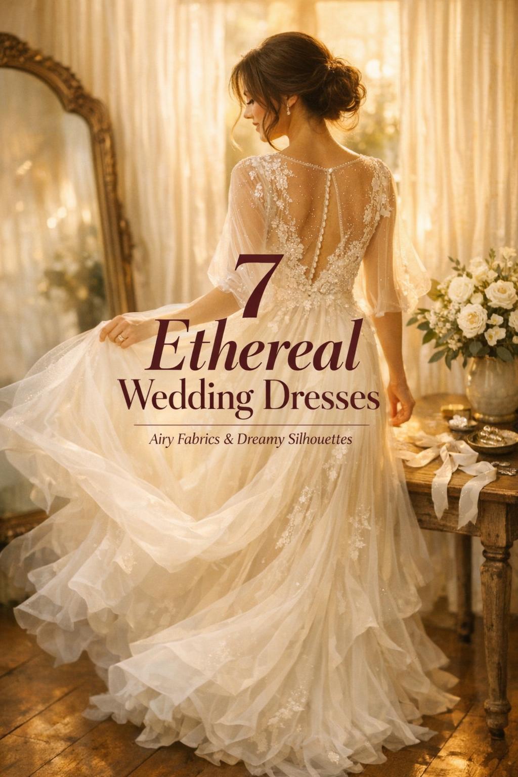 Ethereal wedding dresses in golden-hour bridal studio scene with flowing ivory tulle gown, vintage mirror, and bouquet