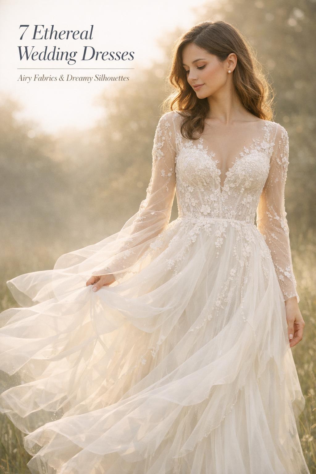 Bride in airy layered tulle gown at golden hour meadow, showcasing ethereal wedding dresses with lace and soft shimmer