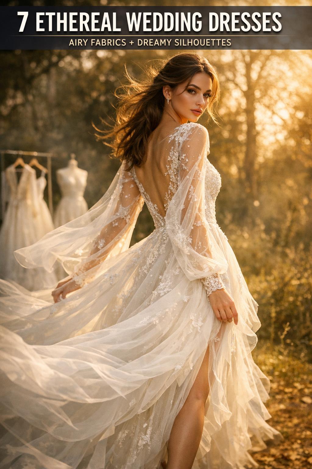 Ethereal wedding dresses in soft tulle and lace, photographed in natural light for a romantic bridal look