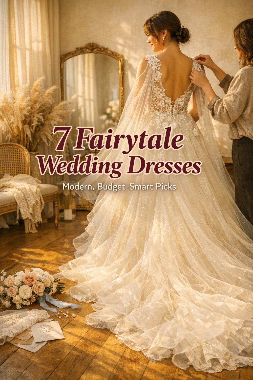 Bride in sunlit boutique wearing fairytale wedding dresses with tulle train as stylist adjusts bodice in golden-hour light