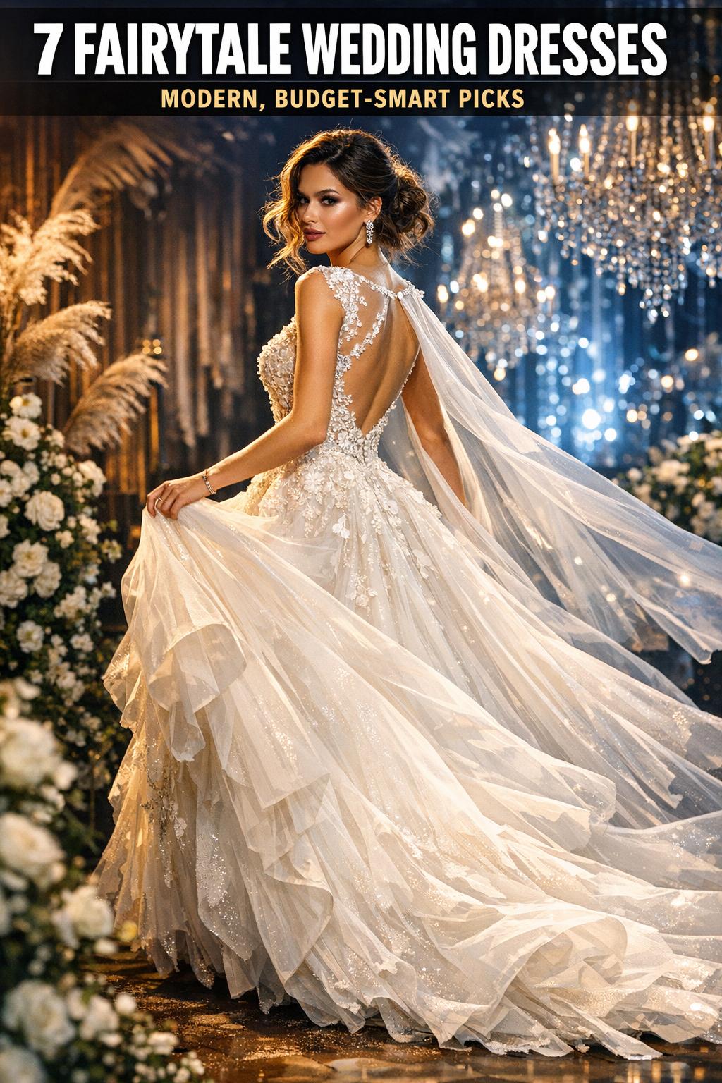 Bride in fairytale wedding dresses with flowing lace skirt and romantic train in a sunlit garden