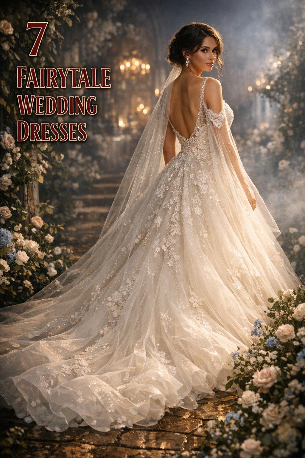 Fairytale wedding dresses editorial photo of a bride in an ivory ballgown with sweeping train in a moody garden scene